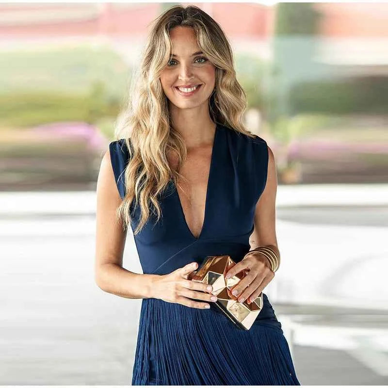 Women Stacked Tassel Maxi Dress Elegant Deep V Neck Full Sleeve Slim Fit Long Gowns Lady New Evening Party Fashion Robes 2025