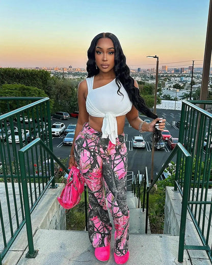 FAGADOER Y2k Fashion Pink Camouflage Print Pants Women Button High Waist Flare Pants Female INS New Autumn Streetwear Bottoms SS69