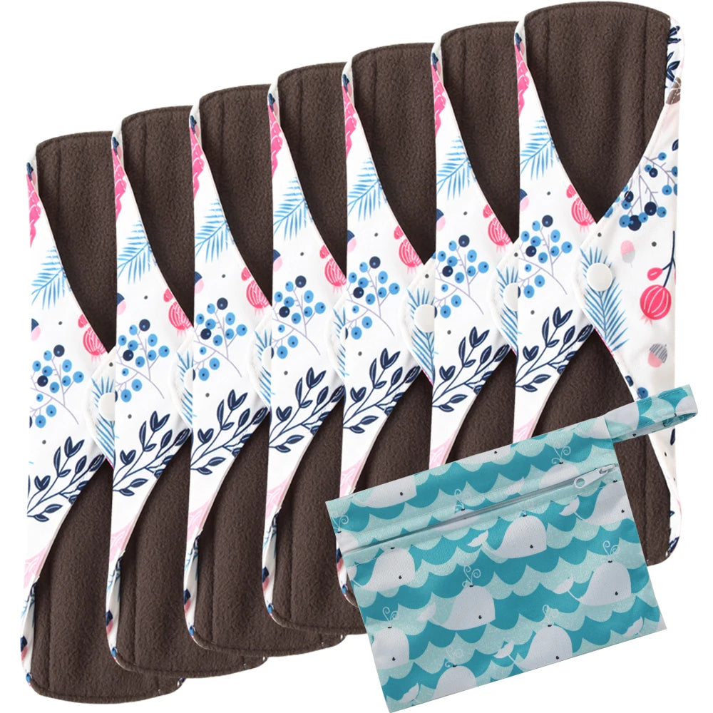 8pcs/Set 7pcs Cloth Menstrual Pad Mama Sanitary Reusable Soft Washable Charcoal Period Napkins +1pc Bonus Free Mini Wet Bag