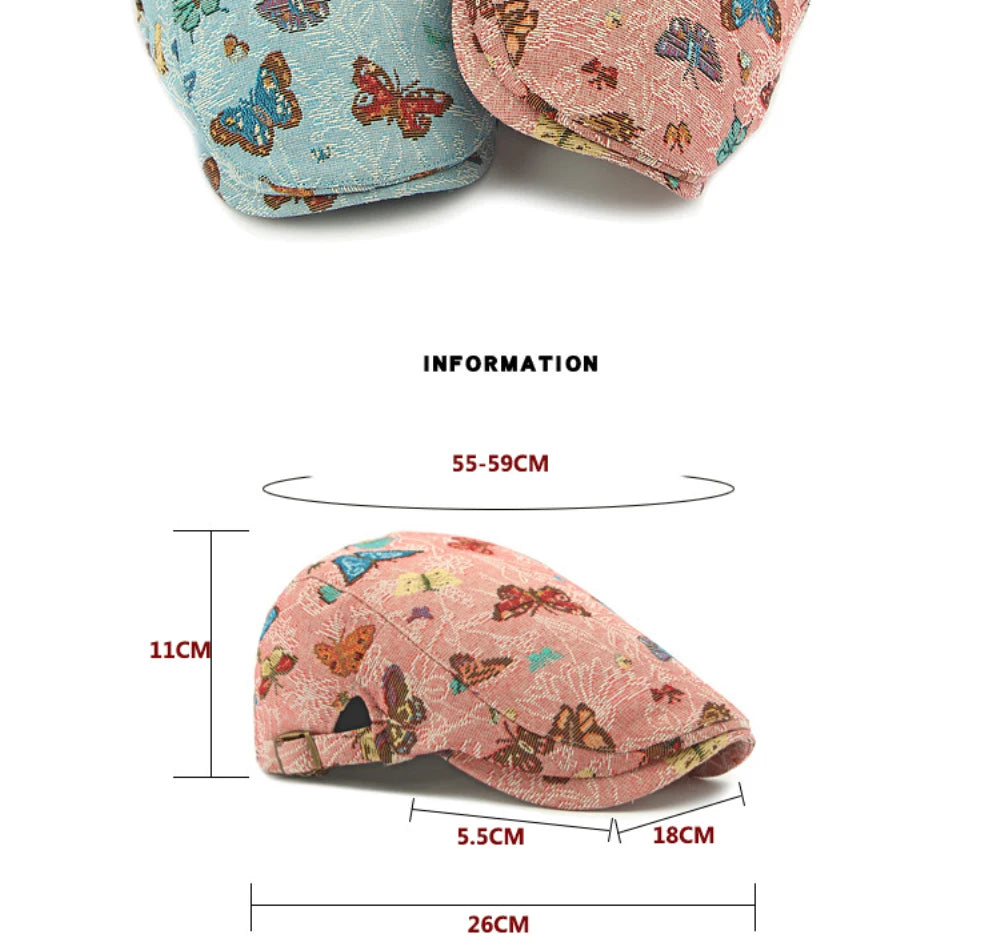 Women's Butterfly Embroidery Cotton Beret Hat - Adjustable Painter Cap
