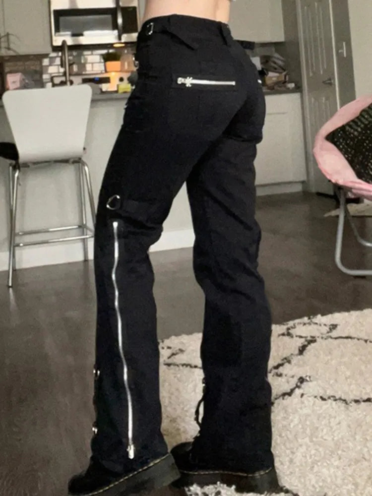 Yangelo Dark Punk Y2k Grunge Low Waist Emo Jeans Mall Gothic Women Black Patchwork Electro Pants Fashion Streetwear Alt Clothes SS69