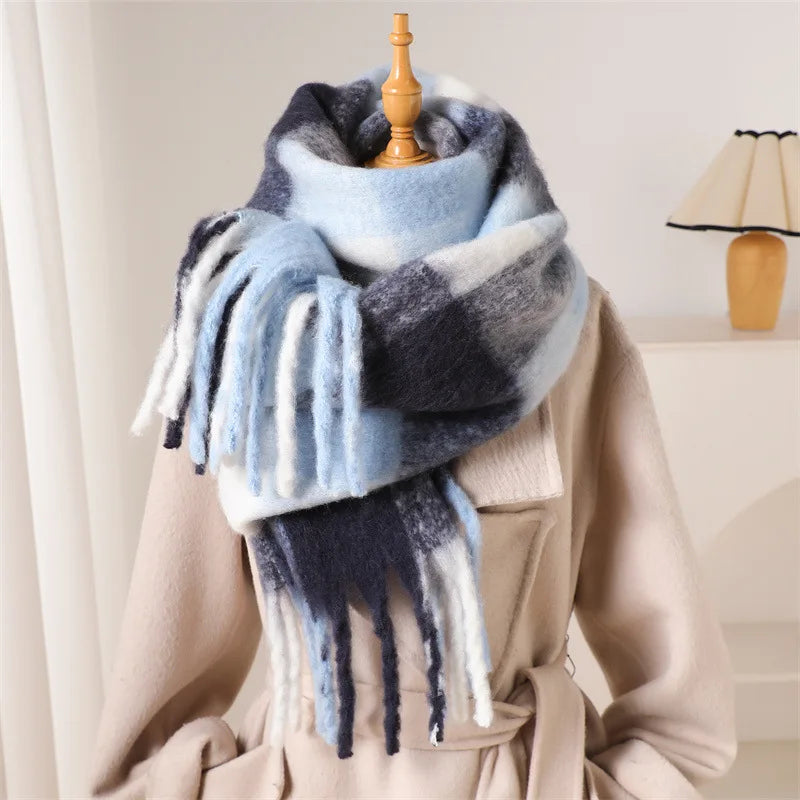 RUNMEIFACN Women's Winter Plaid Cashmere Blend Scarf with Tassels