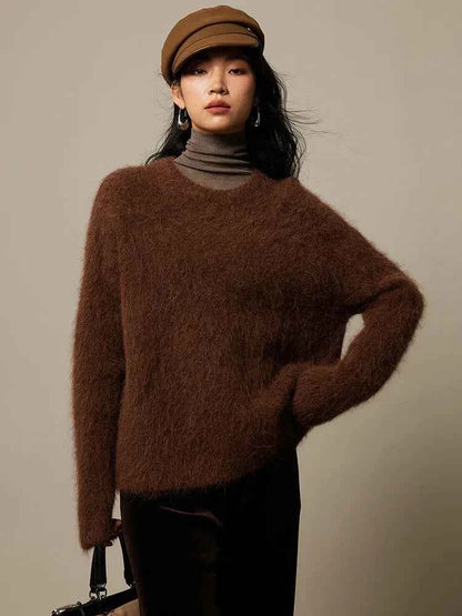 Warm Alpaca Pullovers for Woman, Dropped Sleeved Loose Sweaters, 2025 Fall Winter Top, Camel, Beige