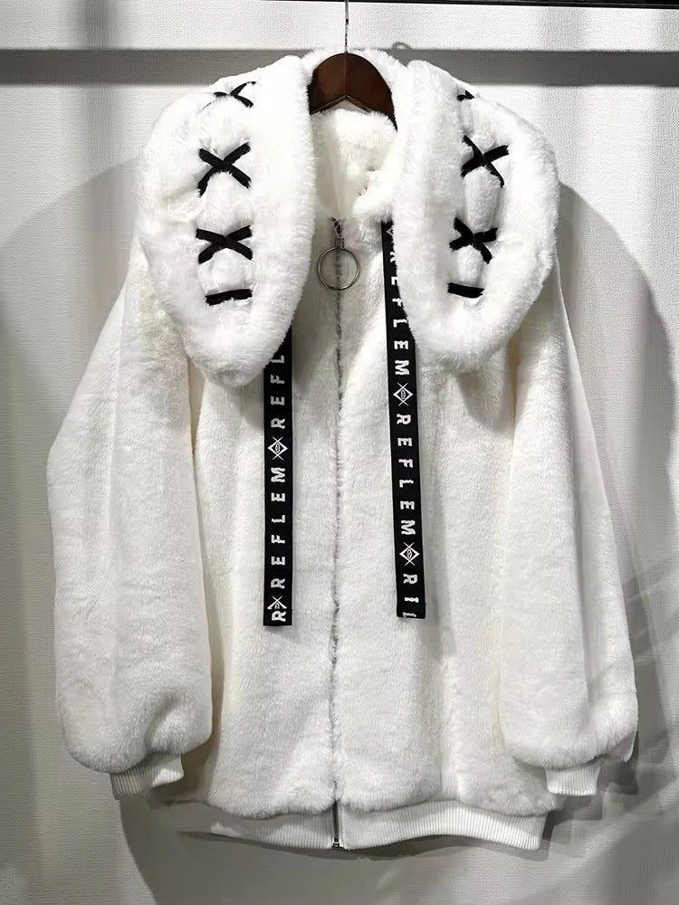 Nerazzurri Winter Sweet Cute Kawaii Soft Thick Warm White Faux Fur Coat Women with Bunny Ears Cute Fluffy Jacket Hoodie 2024 SS69 70.69 White / M