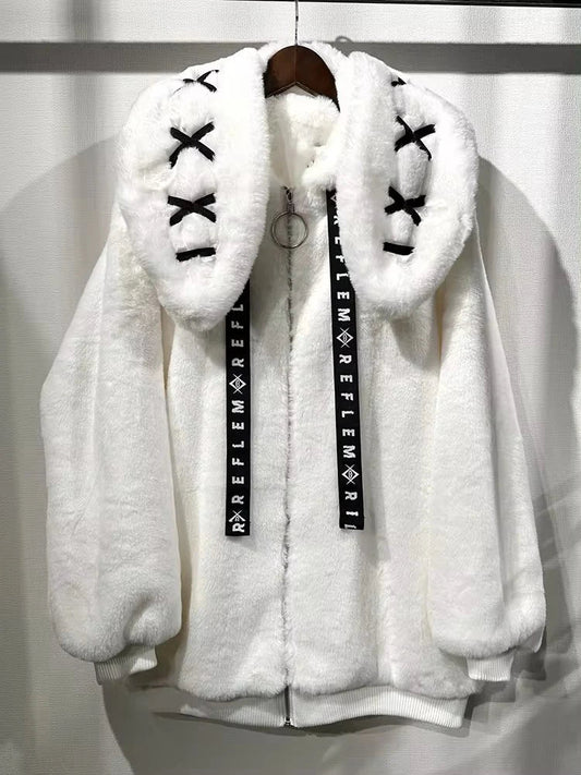 Nerazzurri Winter Sweet Cute Kawaii Soft Thick Warm White Faux Fur Coat Women with Bunny Ears Cute Fluffy Jacket Hoodie 2024 SS69 70.69 White / M