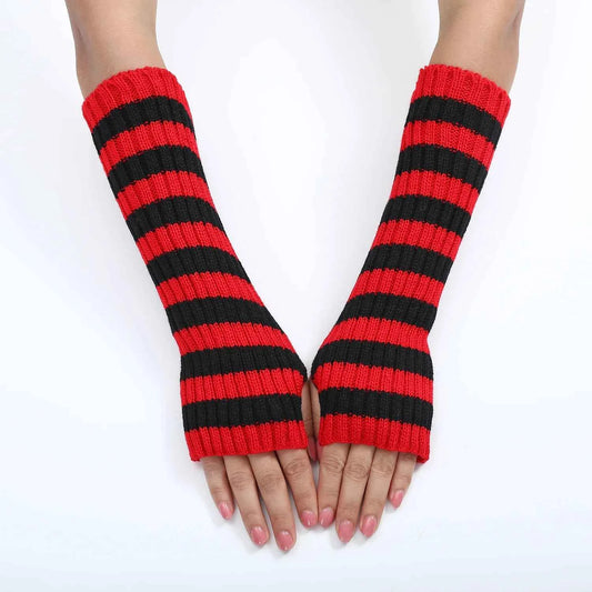 Women's Knitted Fingerless Arm Sleeves Gothic Style Striped Winter Long Arm Warmers Girls Harajuku Y2K Fashion Wrist Gloves