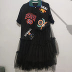Summer Mesh Splicing Ruffles Short Sleeve T-Shirts Irregular Gauze Stitching Ruched Pleated Tees Letters Printed Jumpers Tops SS69