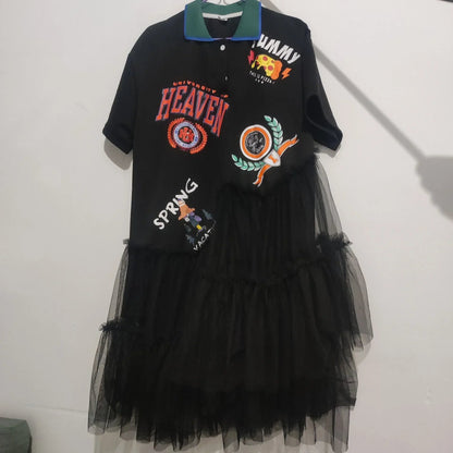 Summer Mesh Splicing Ruffles Short Sleeve T-Shirts Irregular Gauze Stitching Ruched Pleated Tees Letters Printed Jumpers Tops SS69