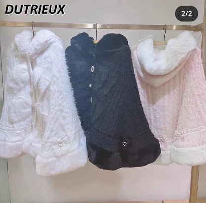 Fall Winter New Sweater Cardigan Women Japanese Mine Sweet Soft Waxy Thick Sweet Pearl Button Hooded Knitted Sweater Cape Jacket