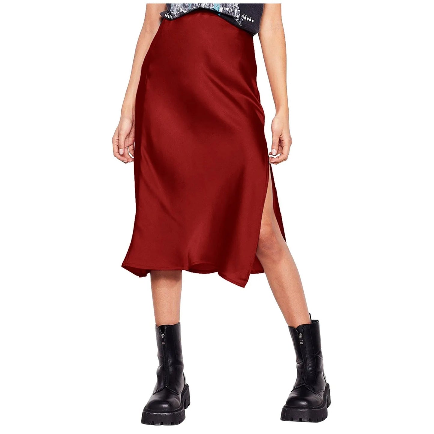 Korean Style Satin Skirt For Women Summer High Waisted Midi Skirt With Slit Solid Color Faldas Elegant Office Ladies Skirts SS69 26.69 Red / M / CHINA