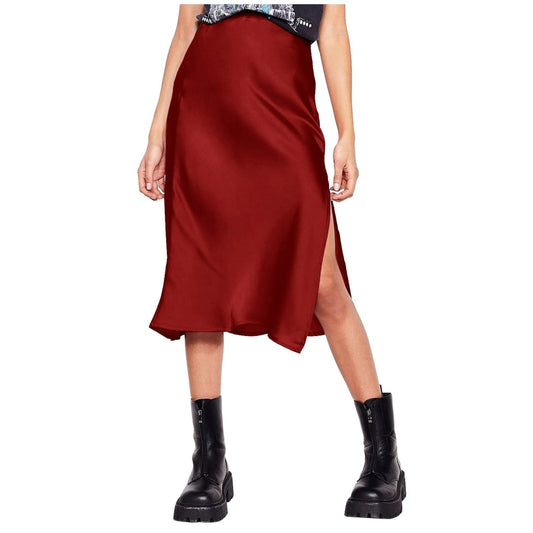 Korean Style Satin Skirt For Women Summer High Waisted Midi Skirt With Slit Solid Color Faldas Elegant Office Ladies Skirts SS69 26.69 Red / M / CHINA