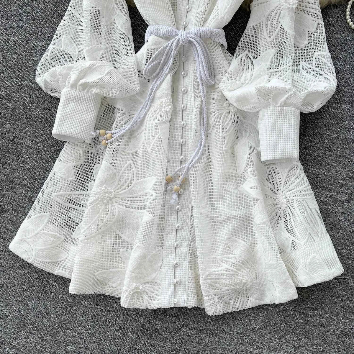 SINGREINY Women Elegant Floral Emboridery Dress Hollow Out Long Sleeve Single Breasted Belt French Court Chic Short A Line Dress