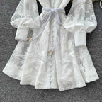 SINGREINY Women Elegant Floral Emboridery Dress Hollow Out Long Sleeve Single Breasted Belt French Court Chic Short A Line Dress