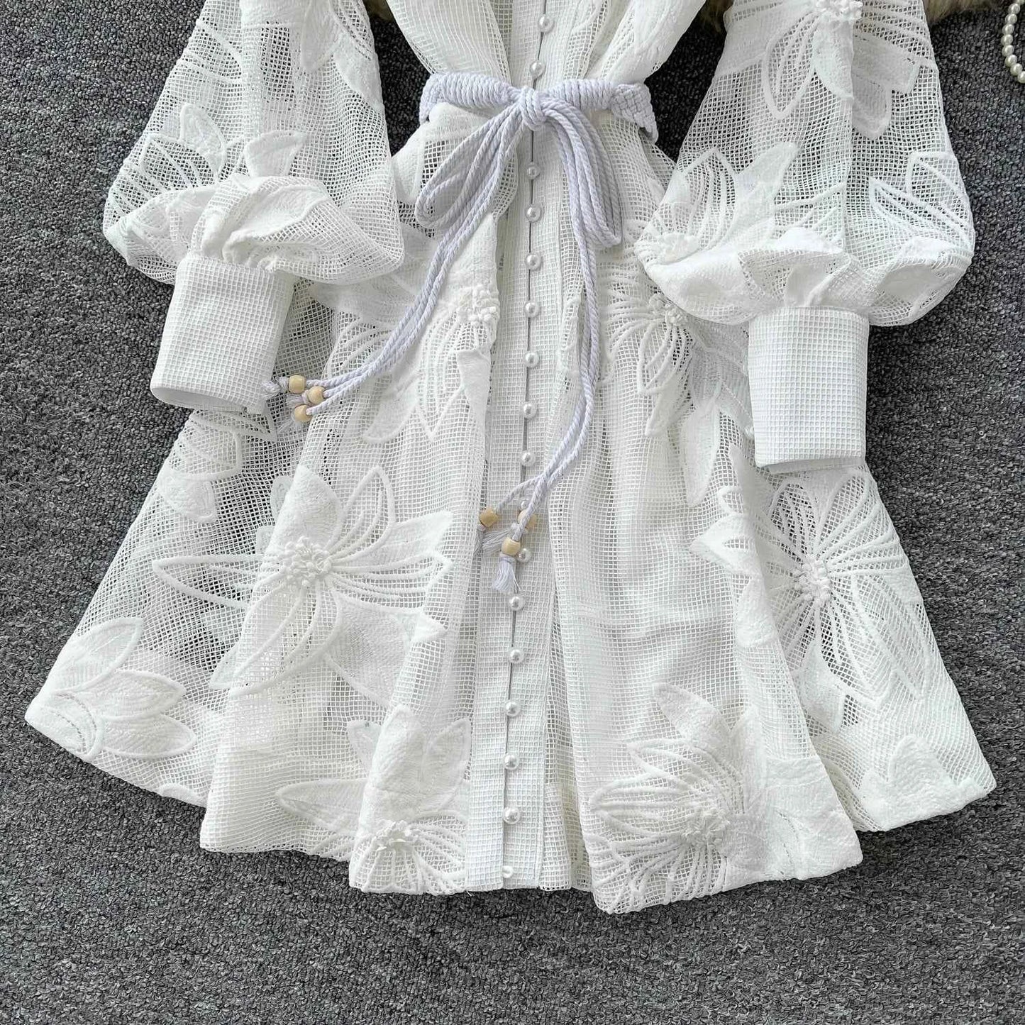 SINGREINY Women Elegant Floral Emboridery Dress Hollow Out Long Sleeve Single Breasted Belt French Court Chic Short A Line Dress