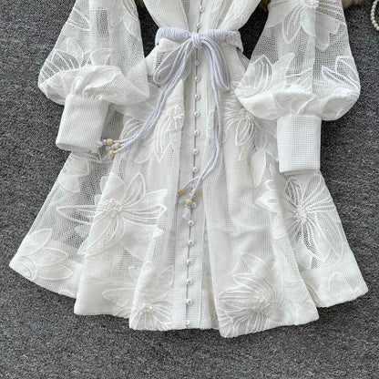 SINGREINY Women Elegant Floral Emboridery Dress Hollow Out Long Sleeve Single Breasted Belt French Court Chic Short A Line Dress