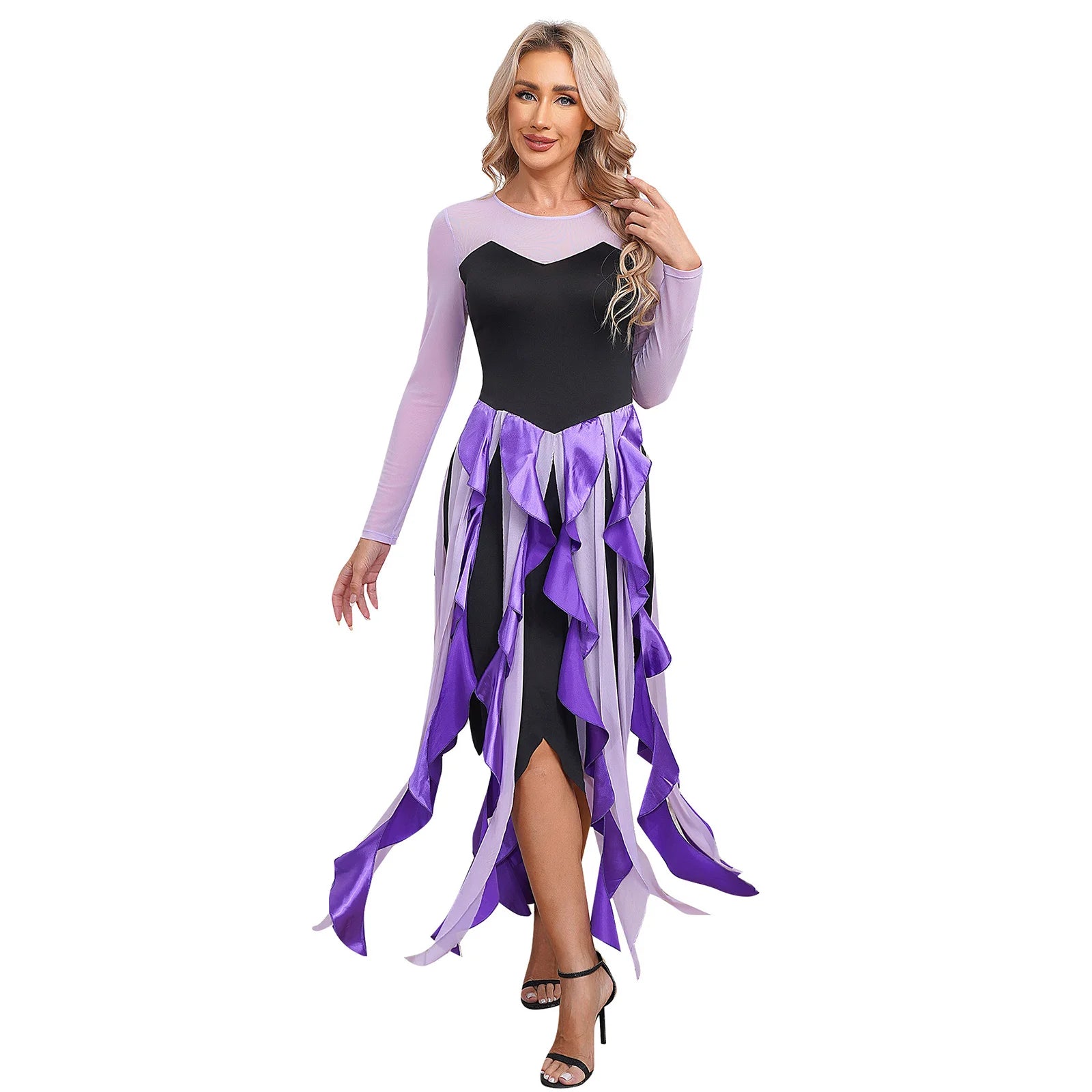 Women Ursula‘s Dress Halloween Carnival Mermaid Octopus Sea Witch Cosplay Costume Long Sleeve Mesh Asymmetrical Hem Dresses