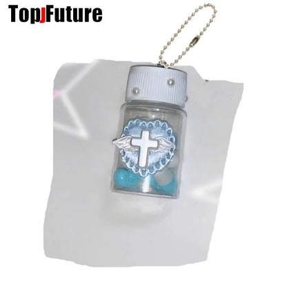 Harajuku Goth Lolita Y2K Girl Blood vessel pendant Halloween cosplay props Syringe Hospital ornament Pill bottle Key Chain SS69 8.69 blue
