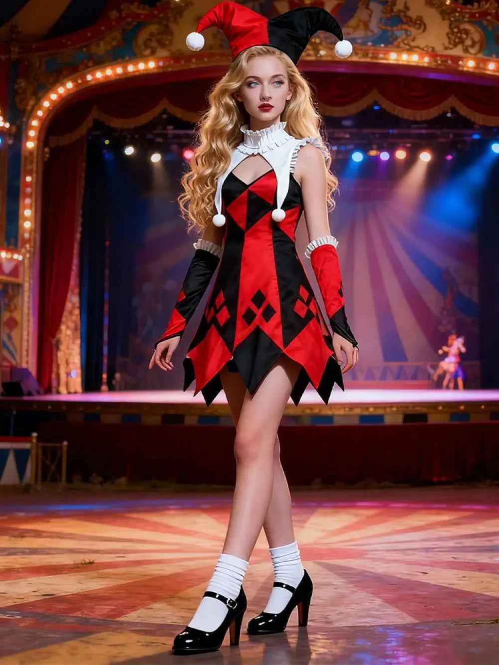 Halloween red and white checkered clown costume for women, clown role-play uniform, Halloween outfit, circus cosplay
