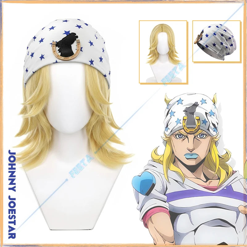 Steel Ball Run JOJO SBR Johnny Joestar Cosplay Wig JoJo's Bizarre Adventure Golden Blonde Layered Hair Star Print Beanie Hat