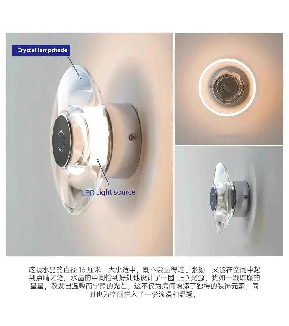 Modern Round Crystal Bedside Lamp Bedroom Living Room Italian LED Sconce Minimalist Art Circular Corridor Mirror Wall Lights