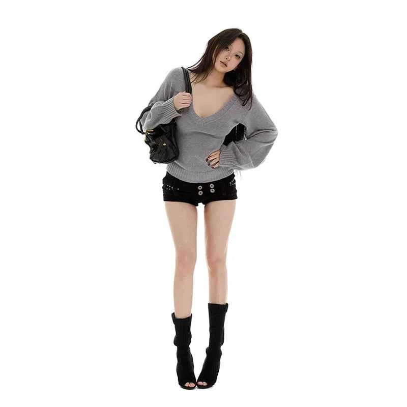 Streetwear Sweater Women Fashion Sexy V Neck Knitted Pullovers Y2K Korean Lantern Long Sleeve Knitwears Autumn Winter Jumpers