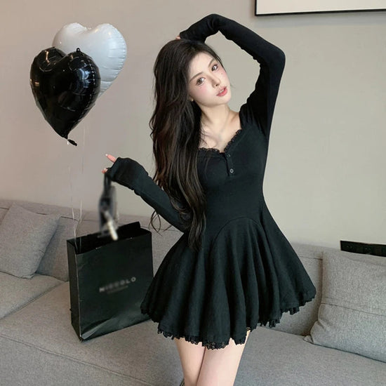 Women Sexy Korean Dress French Style Waist Closed Long Sleeve Collarbone Exposed Sweet SS69