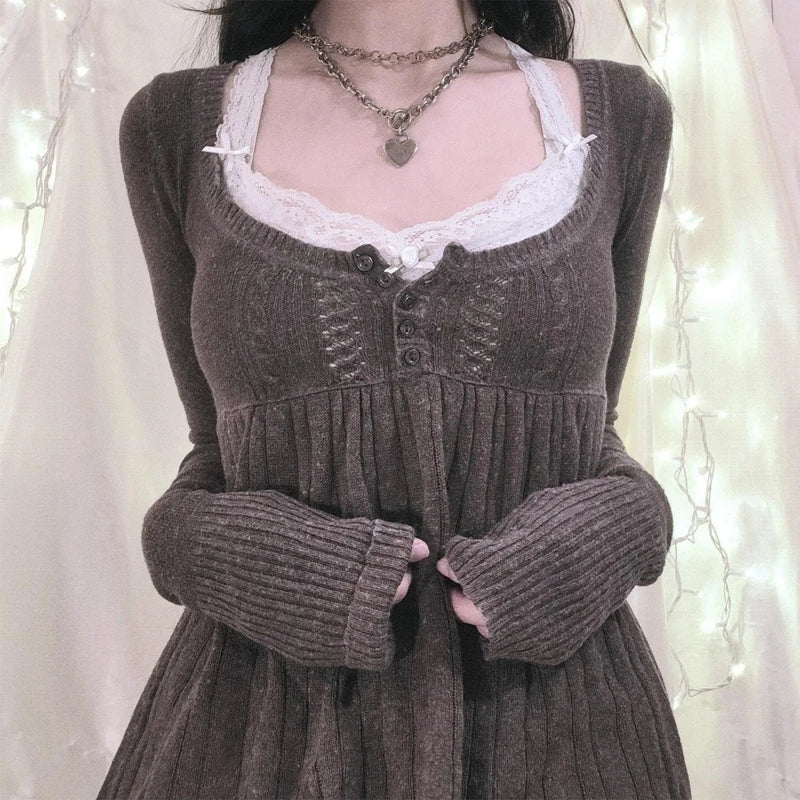 2000s Vintage Long Sleeve Babydoll Knitted Sweater Tops Cottage Milkmaid Pullovers Aesthetic Grunge Y2k Knitwear T-shirts Women SS69