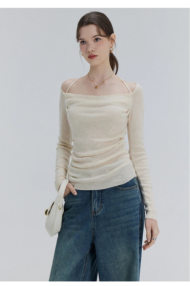 EGGKA Autumn One-shoulder Halter Neck Knitted Tops Women Slim Designer T-Shirts Slash Neck Long Sleeve Tops Korean Fashion Tees - SS69