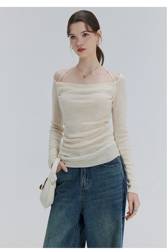 EGGKA Autumn One-shoulder Halter Neck Knitted Tops Women Slim Designer T-Shirts Slash Neck Long Sleeve Tops Korean Fashion Tees - SS69
