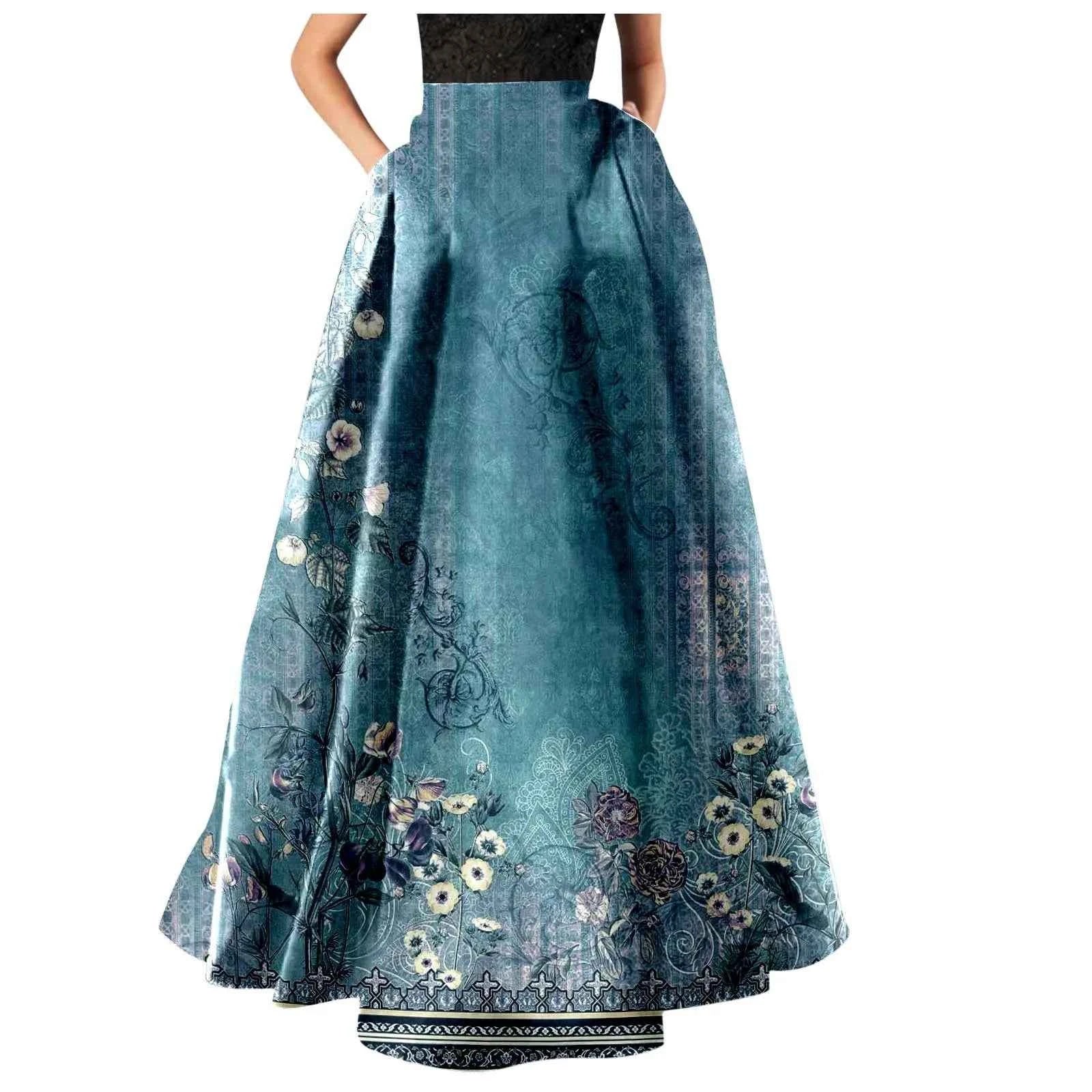 High Waist Pocket Skirts For Women Fashion Bohemian Floral Print Maxi Skirt Party Beach Long Skirt Elegant Vintage Clothing
