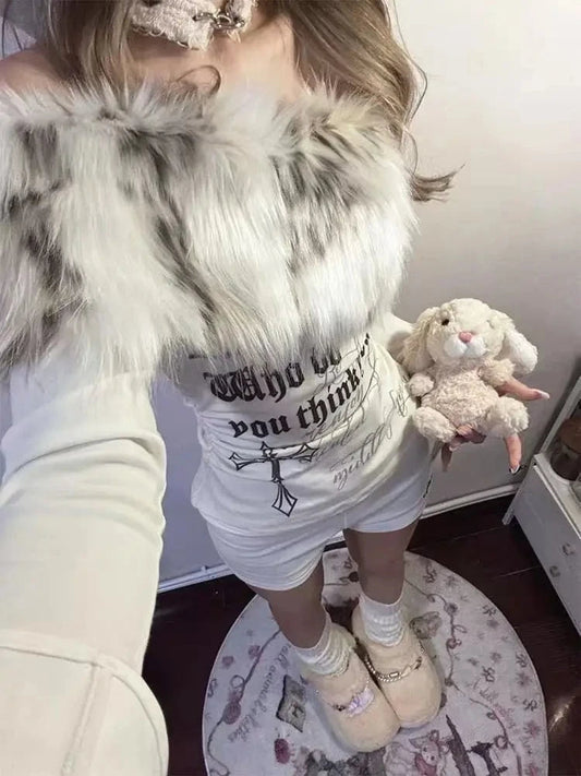 Y2k Emo Women Korean Streetwear Japanese Fur Collar Tops Off Shoulder Long Sleeve Aesthetics Letter T-shirt 2000s Alt Clothes SS69