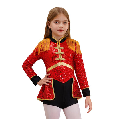 Moggemol Girls Sequin Ringmaster Bodysuit Long Sleeve Circus Costume