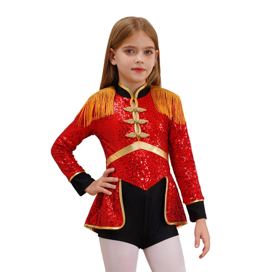 Moggemol Girls Sequin Ringmaster Bodysuit Long Sleeve Circus Costume