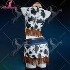 Mobbunny Women Cowgirl Tassel Suit Hippie Style Cosplay Costume Cow Denim Top and Skirt with Gloves Belt Halloween