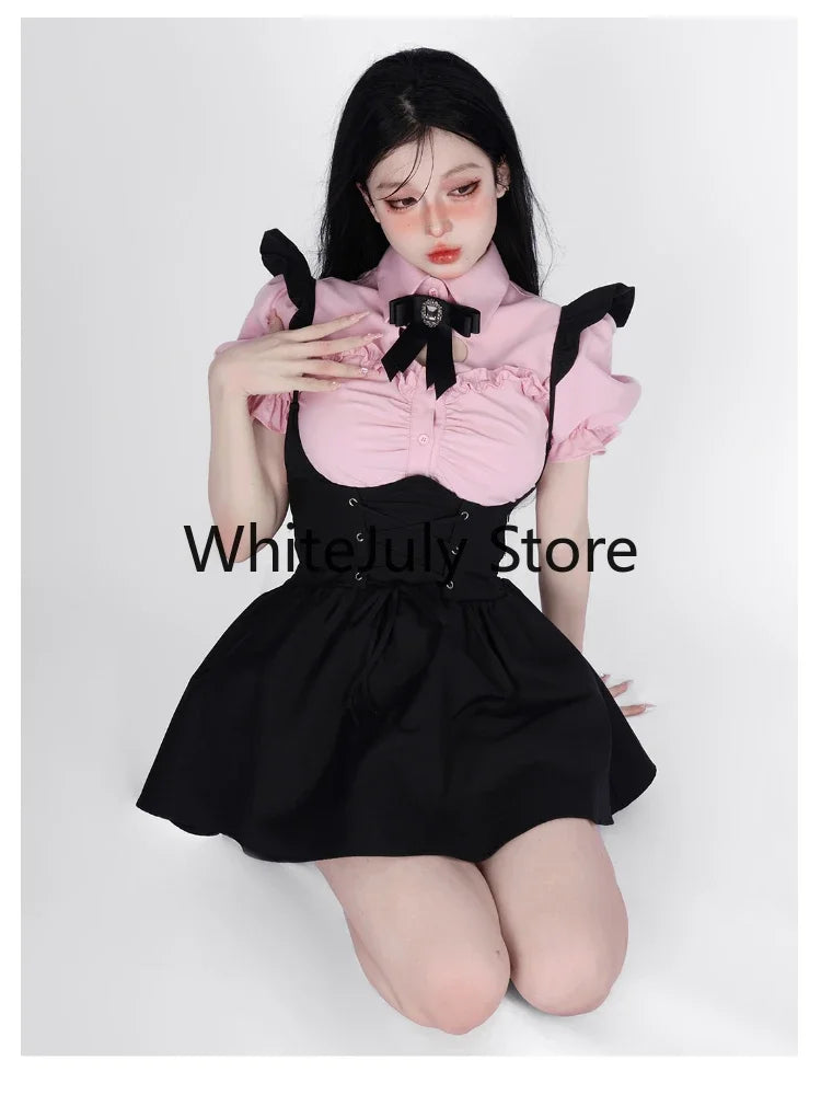 Summer Kawaii Clothing Pink Y2k Crop Tops Blouse + Black Mini Dress Two Piece Set for Women Casual Bodycon Korean Suit Chic SS69