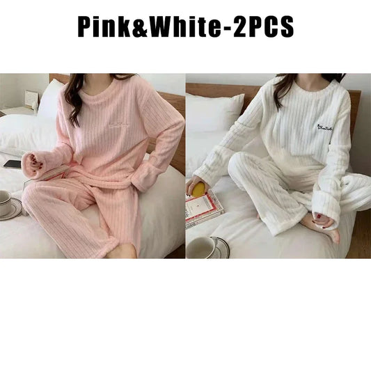 Women Coral Fleece Pajamas Set Winter Flannel Homewear Outfit Loungewear Sleepwear Cozy Warm House Dress Casual Wear
