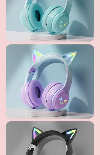GUZMYYFC Cat Ear Wireless Bluetooth 5.1 Headset with RGB Lights and Mic