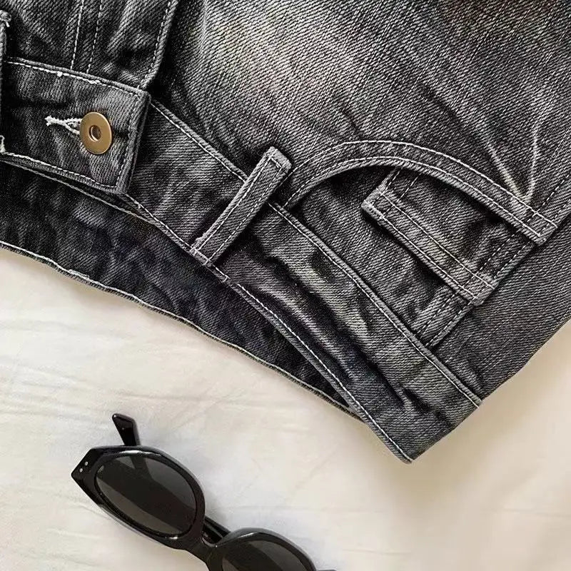 Vintage Denim Shorts Women Summer Black Grey Washed Low Waist Elastic Skinny Hot Shorts Jeans SS69