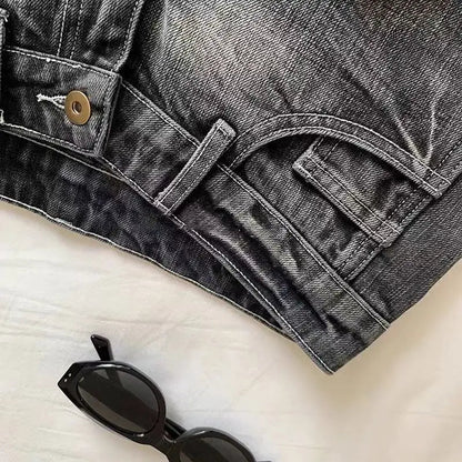 Vintage Denim Shorts Women Summer Black Grey Washed Low Waist Elastic Skinny Hot Shorts Jeans SS69