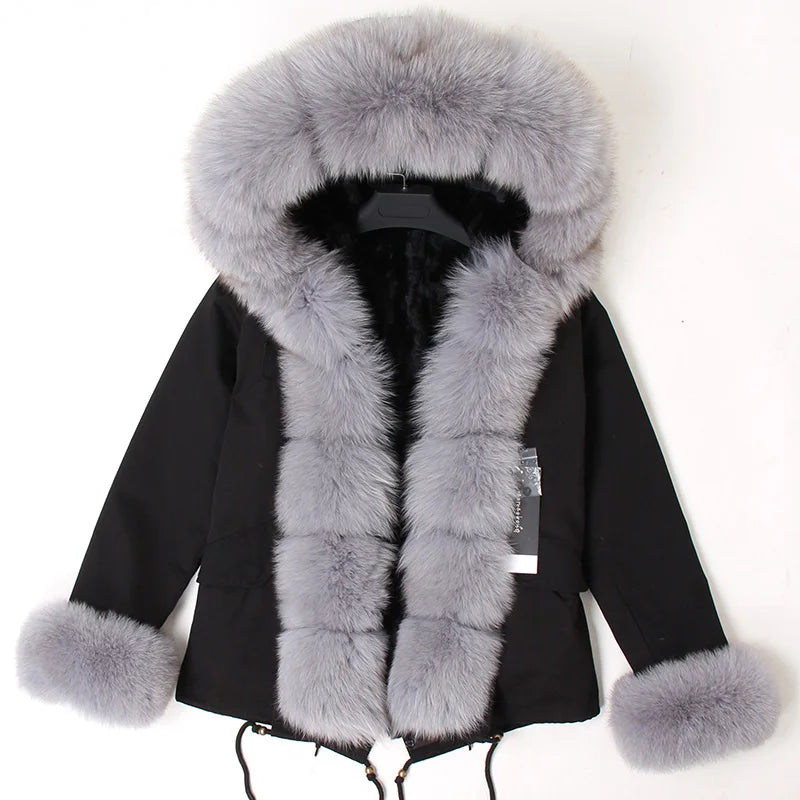 Maomaokong Winter Women Parka Cotton Jacket Real Fur Coat Natural Fox Fur Hooded Rabbit Fur Liner Thick Warm Outerwear Female