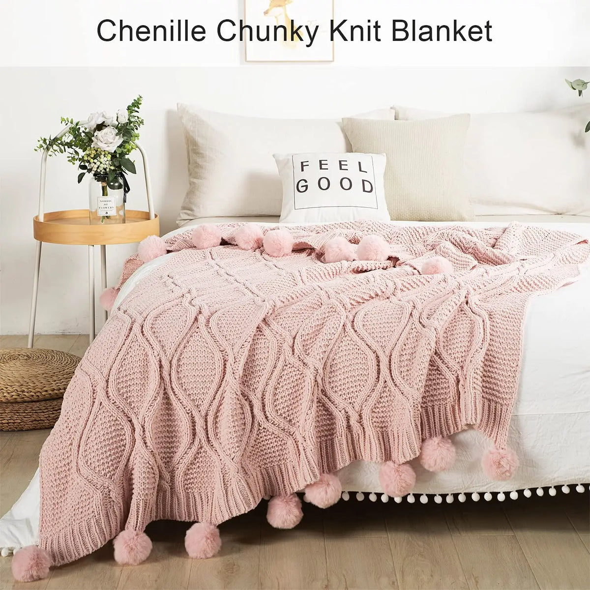 SS69 Chunky Chenille Knit Throw Blanket with Pom Poms, 130x170cm