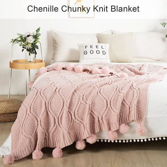 SS69 Chunky Chenille Knit Throw Blanket with Pom Poms, 130x170cm