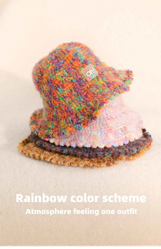 OhSunny Autumn Winter Wavy Brim Bucket Hats,Rainbow Cute Thermal Caps Women's Outdoor Warm Hand-knitted Fisherman Caps Packable