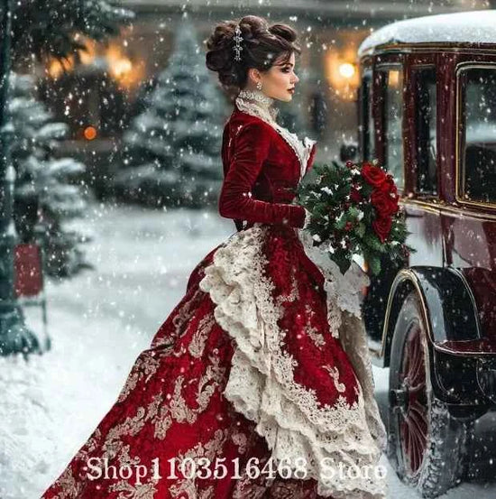 Victorian Christmas ThemedProm Dresses Velvet Embroidery Design Lace Cuffs Neckline For Halloween Cosplay Customised