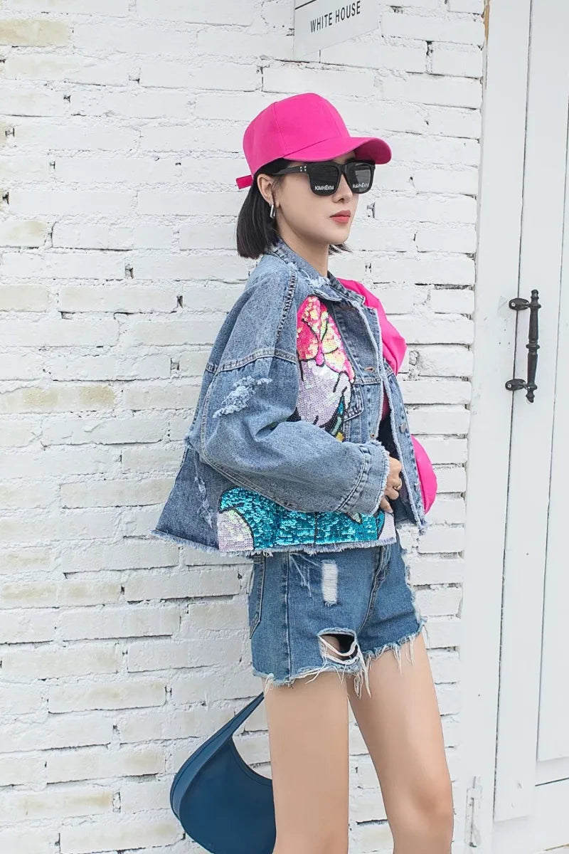 Fashion Brand Jeans Coat Women's Spring Autumn New Heavy Industry Cartoon Sequins Chaqueta High Street Loose-Fitting Denim Coats SS69