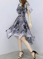 Women floral Chiffon Flower Dress 2026 trends new in Ladies Elegant V Neck short Sleeve korean style Summer Dress Female Clothes