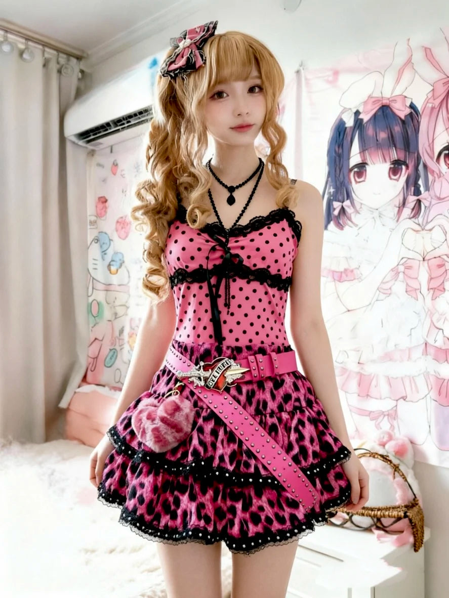 Y2k Japanese Vintage Lolita Style Short Party Skirts Women Gothic Leopard Print Mini Skirts Streetwear Harajuku Punk Skirt Chic