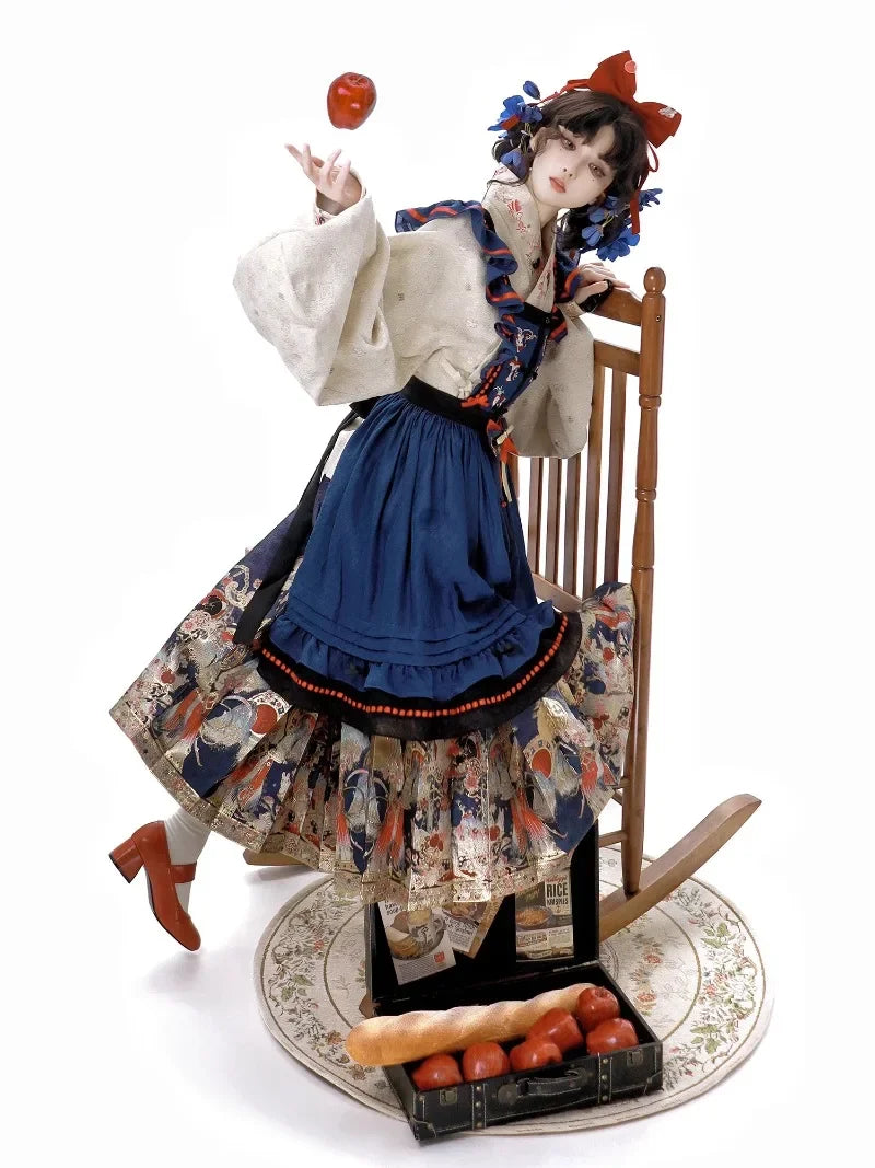 New Spring Chinese Style Female Long-sleeved Weaving Gold Hanfu Dress Set Suit Retro Top Suspender Dress and Pleated Skirt Set