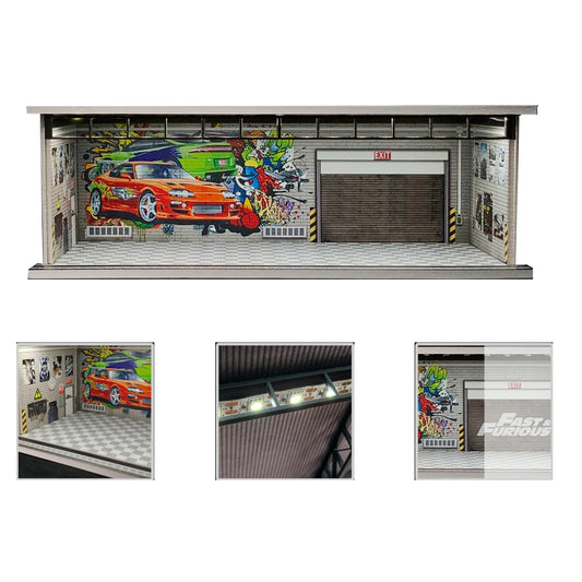 SS69 1/64 Scale Diecast Car Garage Diorama with LED Lighting and Dust Door