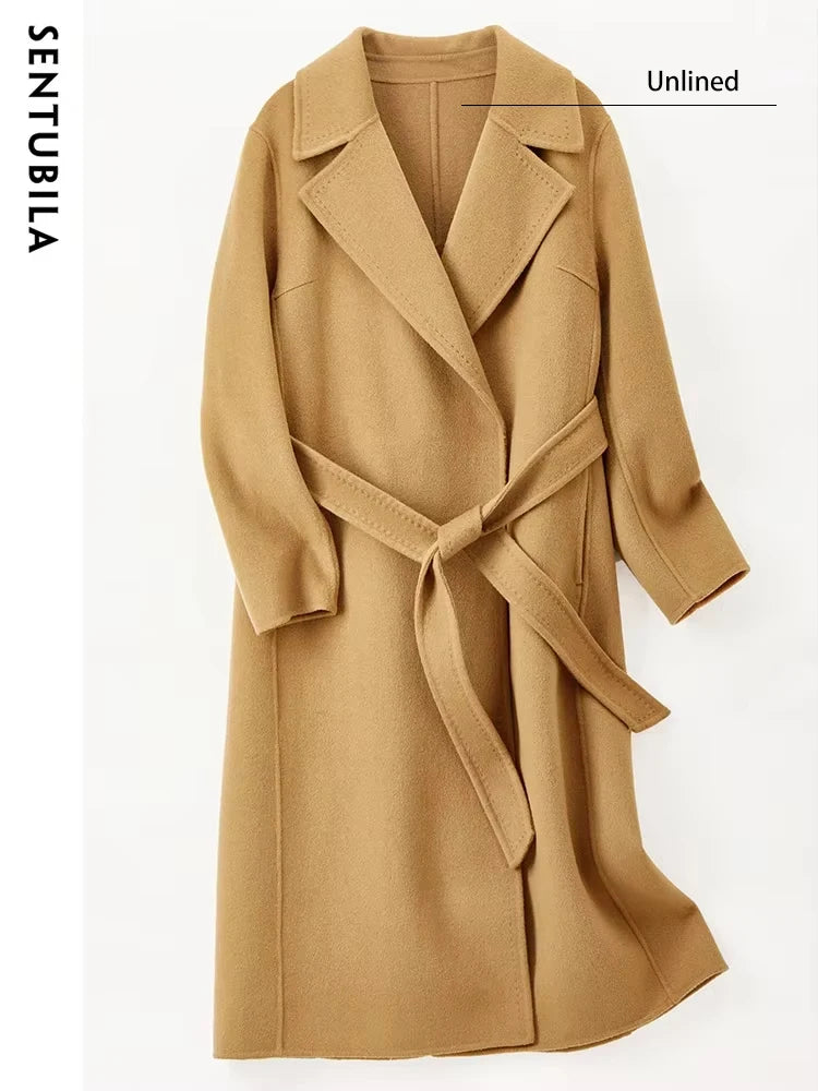 SENTUBILA Women 100% Wool Long Wrap Coat 2026 Elegant Notched Collar Belted Warm Double Faced Woolen Winter Overcoat W24O43352